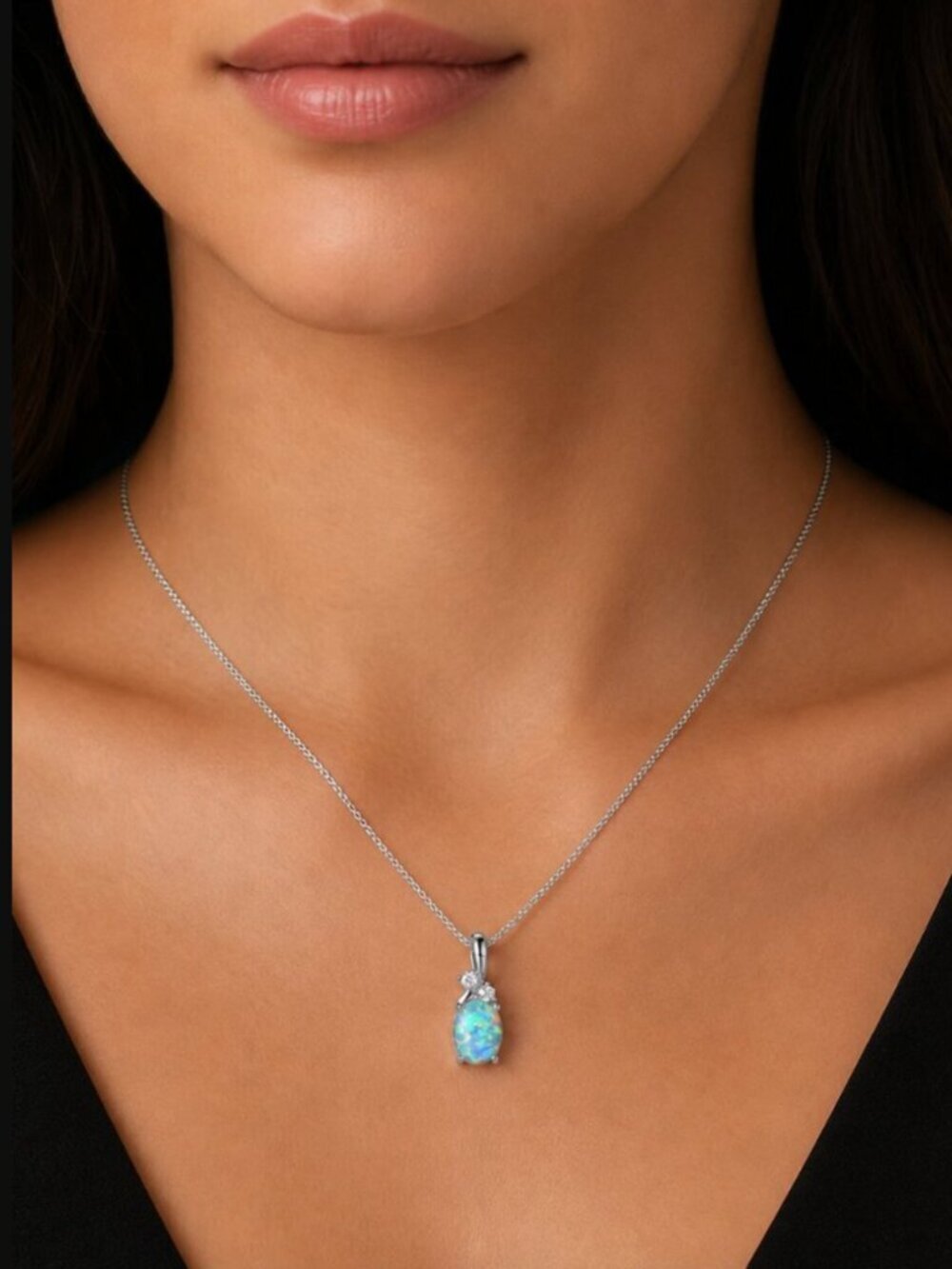 NEW 14k White Gold Blue Fire Opal Necklace Opal Pendant Necklace